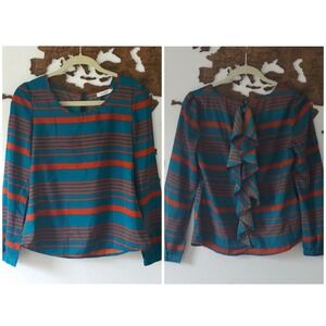 Anthropology Blu Pepper Teal Orange Striped Ruffle Back Long Sleeve Blouse Small